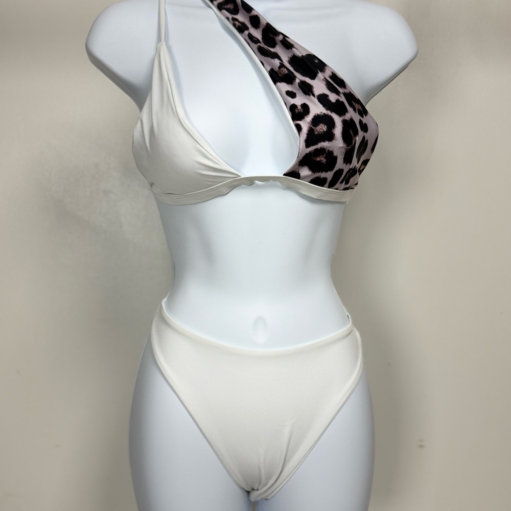 Leopard Print and White One-Shoulder Bikini